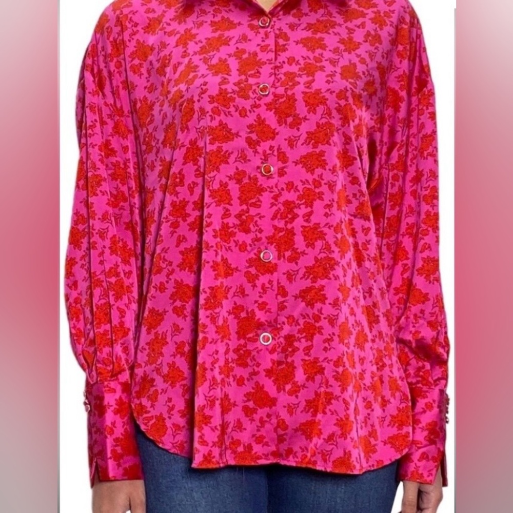 Zara Floral Hot Pink and Red Button Down Oversized Top Party, Date, Casual - S/M